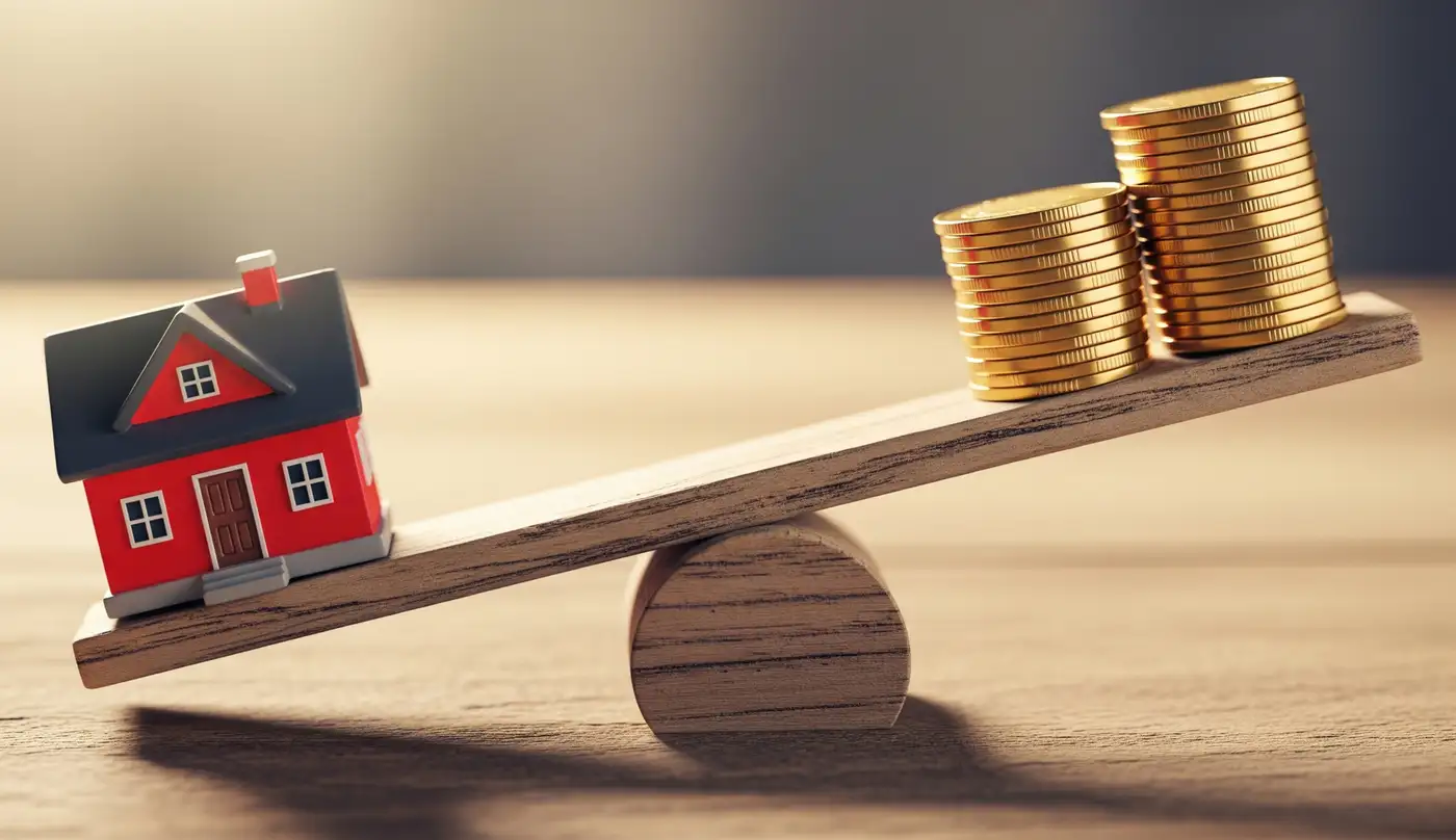 balanza donde se representa el contrapeso entre la compra de una vivienda y el dinero que se necesita