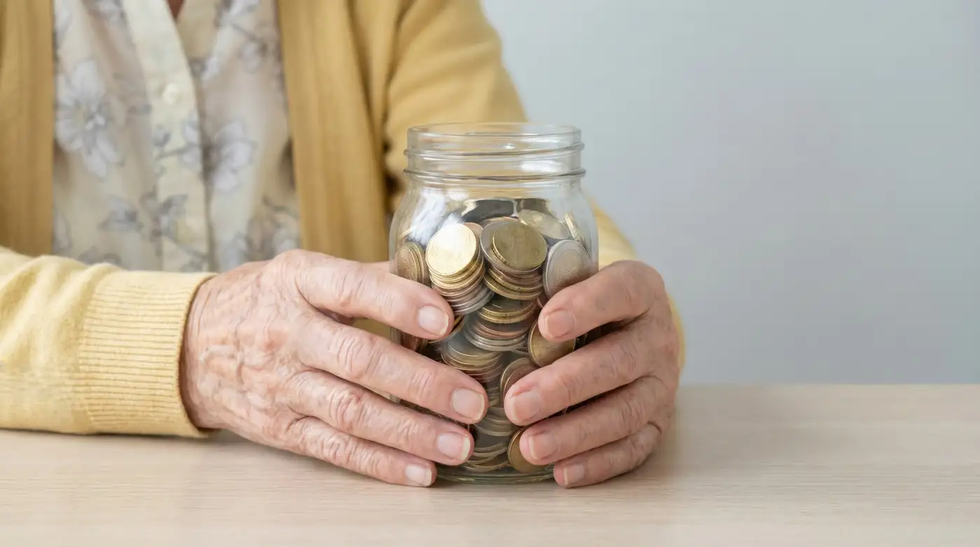 Mujer anciana tomando con sus 2 manos sus ahorros de jubilación