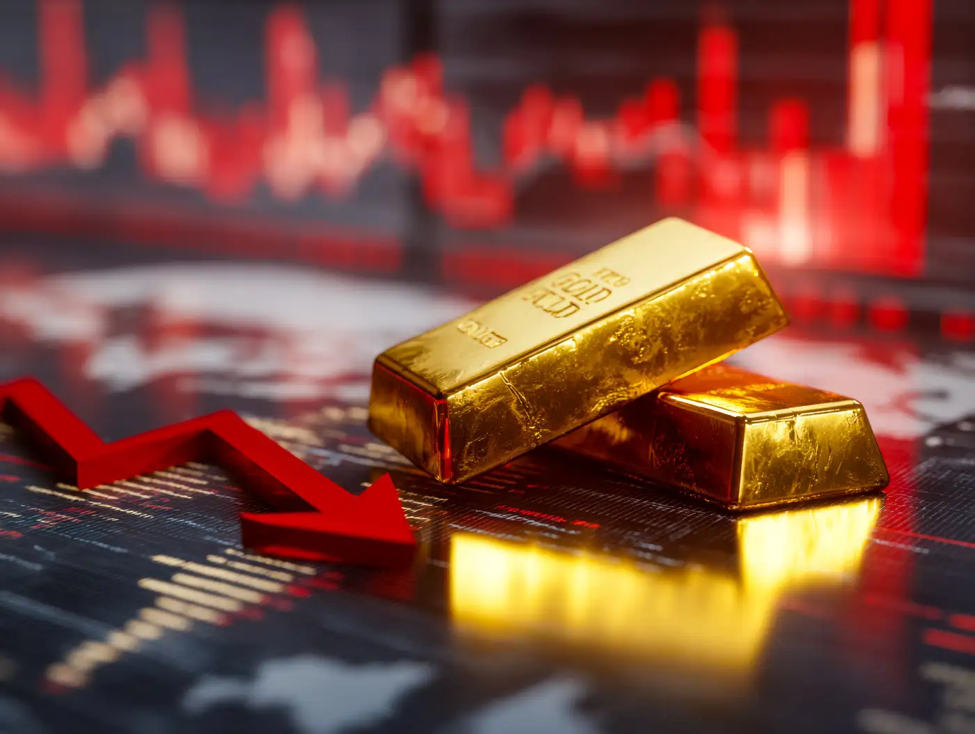 barras de oro sobre un gráfico con flechas rojas de caída
