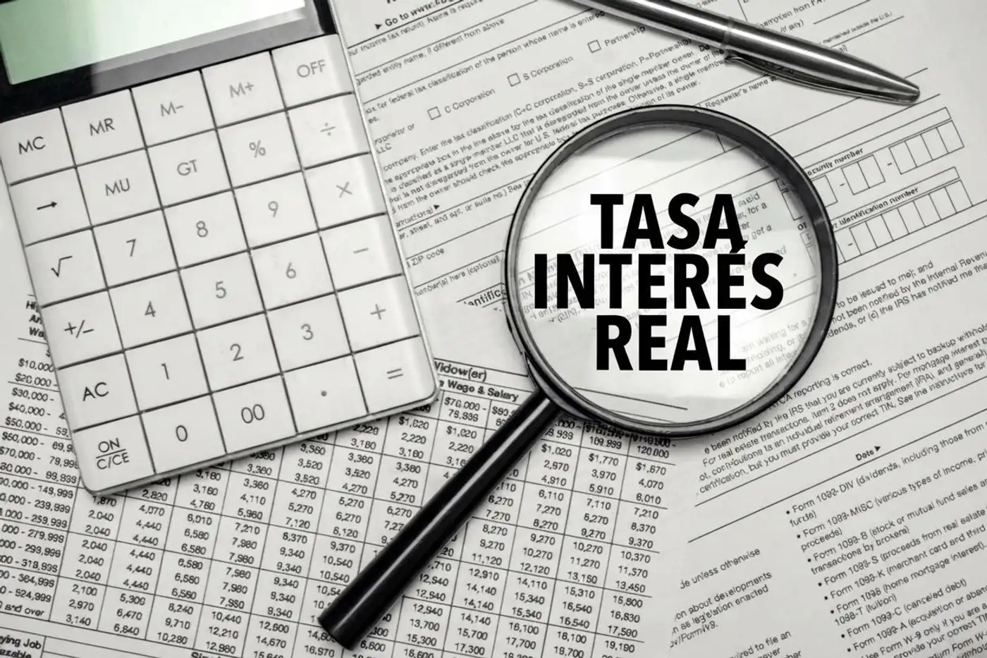 Lupa enfocando en tasas de interés reales sobre libros contables