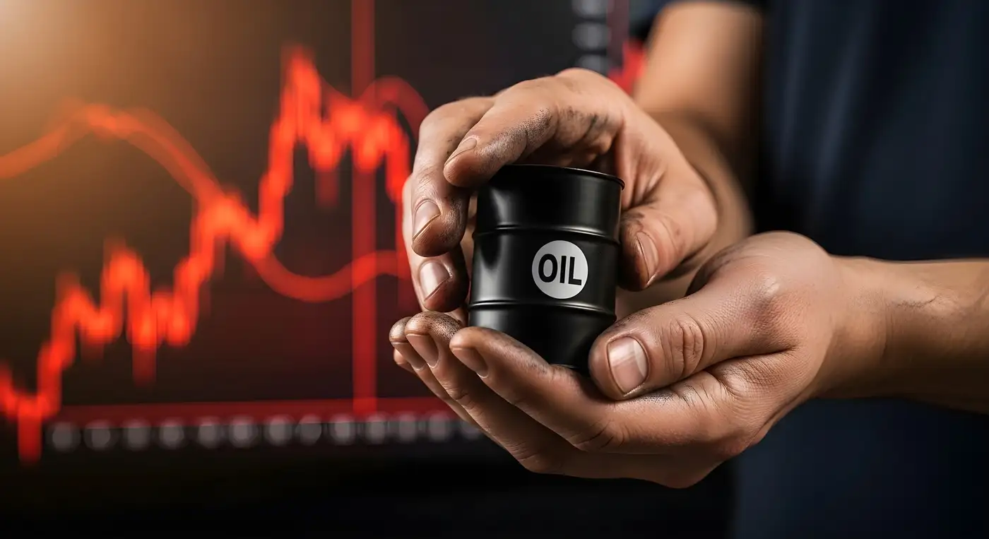 hombre sosteniendo un barril de petróleo y en el fondo un gráfico mostrando caída de precio
