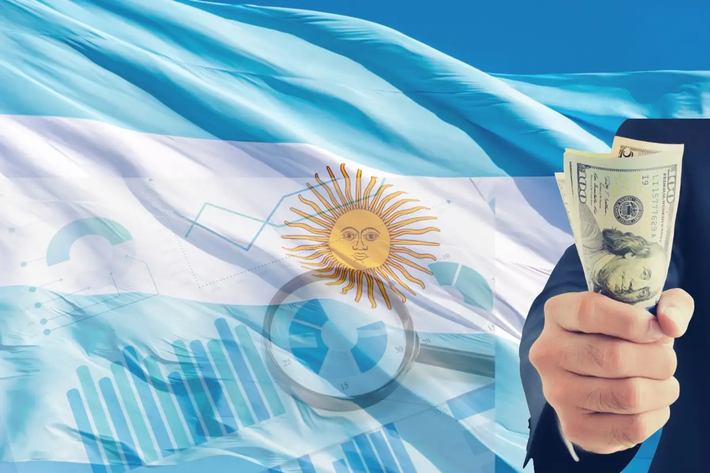 bandera de Argentina con gráficos económicos y hombre ofreciendo dólares