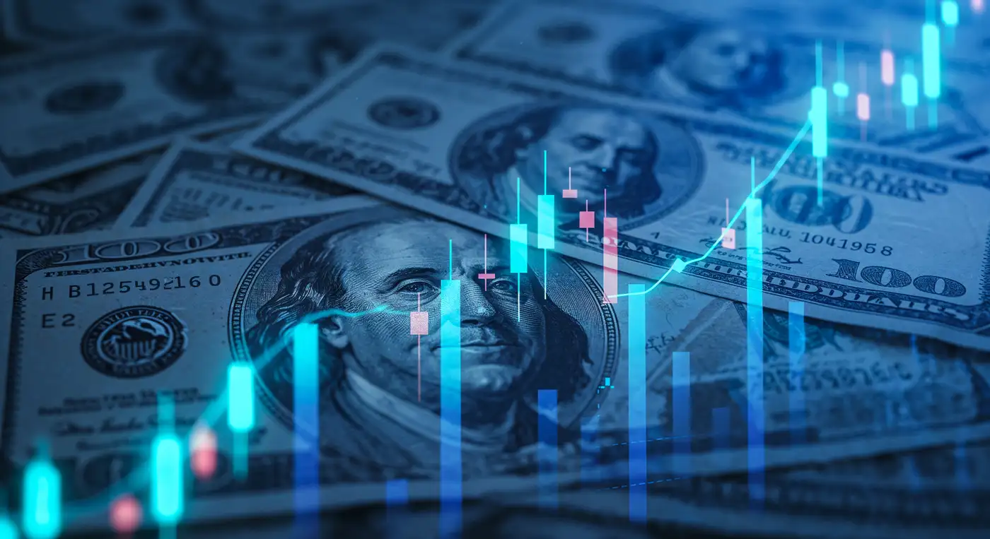 fondo con billete dólar y gráfico financiero con tendencia al alza
