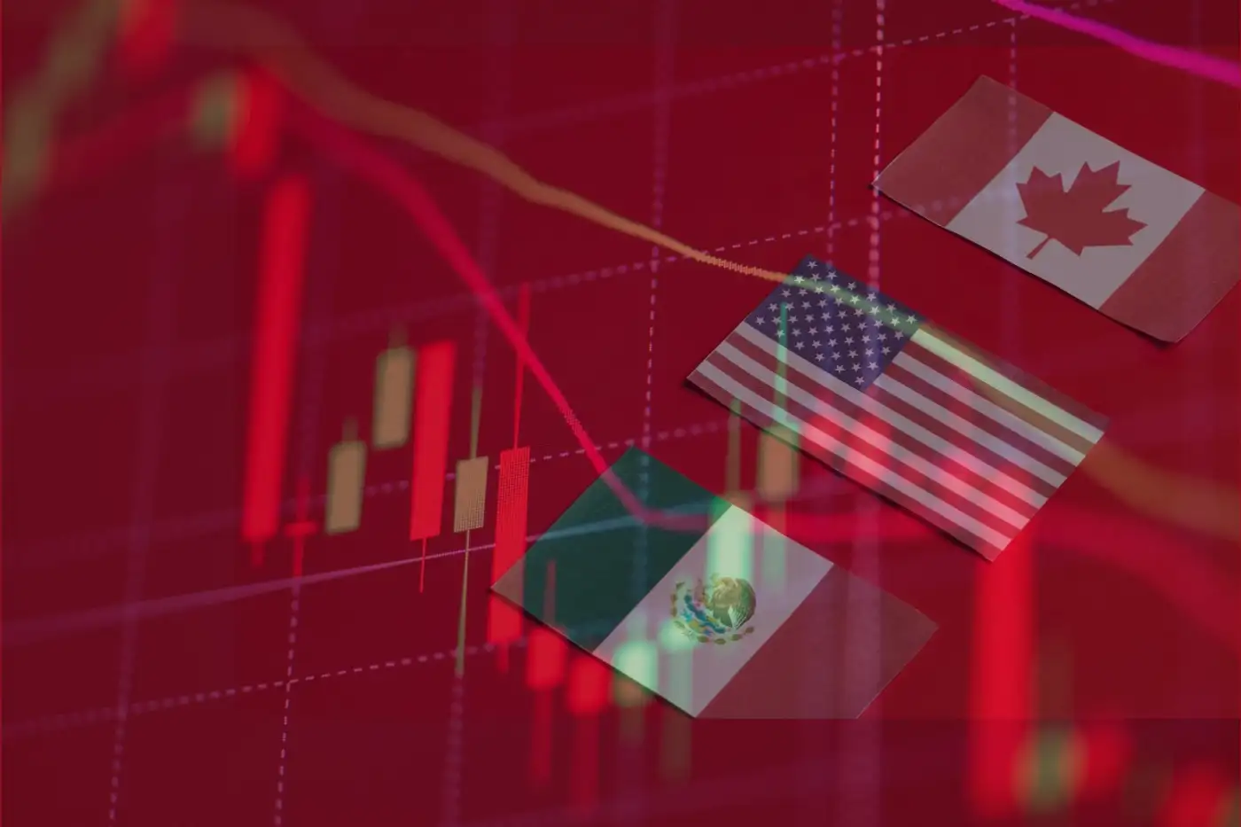 bandera de México, EE.UU. y Canada sobre un gráfico economía representando T-MEC