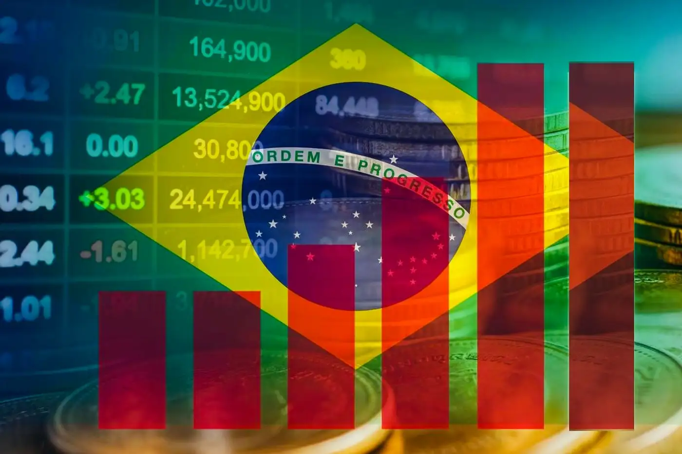 gráfico de déficit fiscal creciente sobre una bandera de Brasil