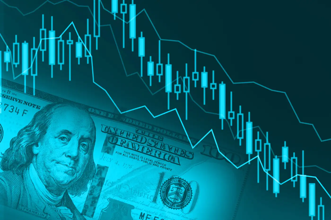 Gráfico con inflación cayendo sobre un billete dólar