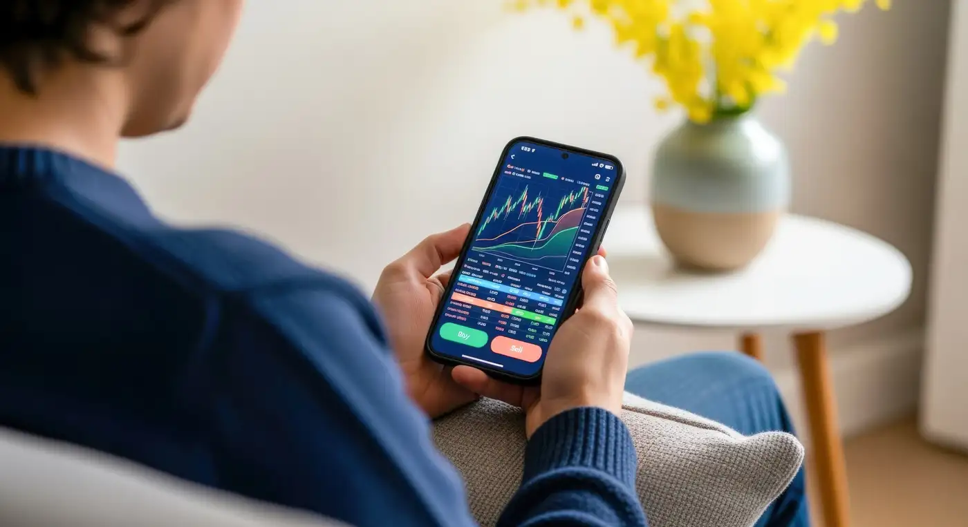 jóven inversionista usando app de inversión para ahorrar