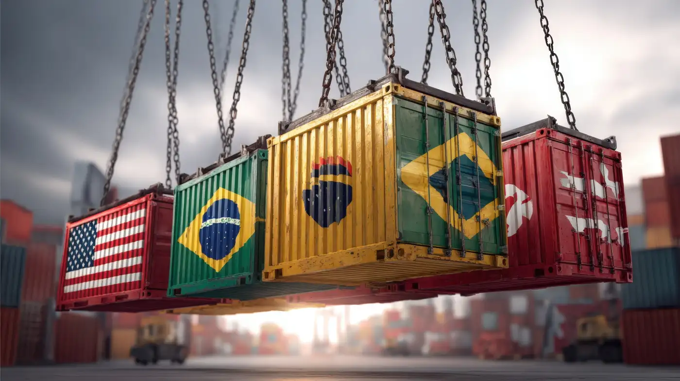 containers de Brasil y EE.UU. chocando representando la guerra comercial