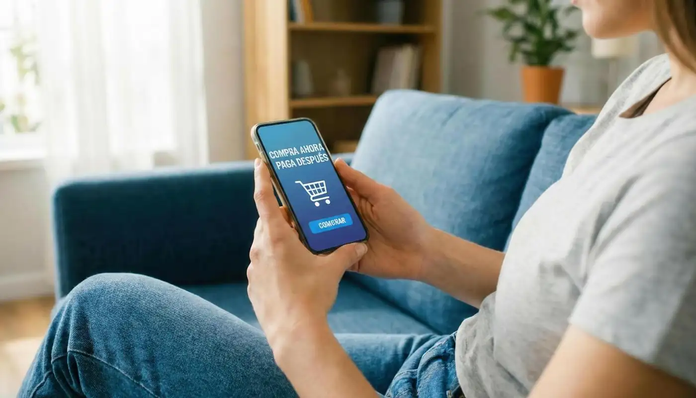 mujer jóven usando aplicación en celular para comprar ahora y pagar después