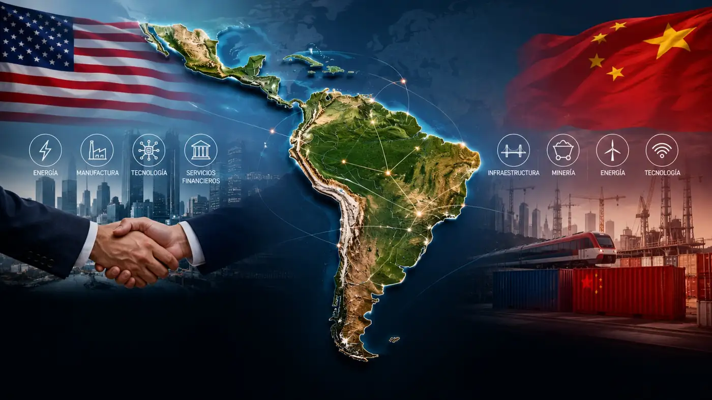 mapa de Latinoamérica y bandera de EE.UU. y China los costados representando la inversión extranjera hacia la región