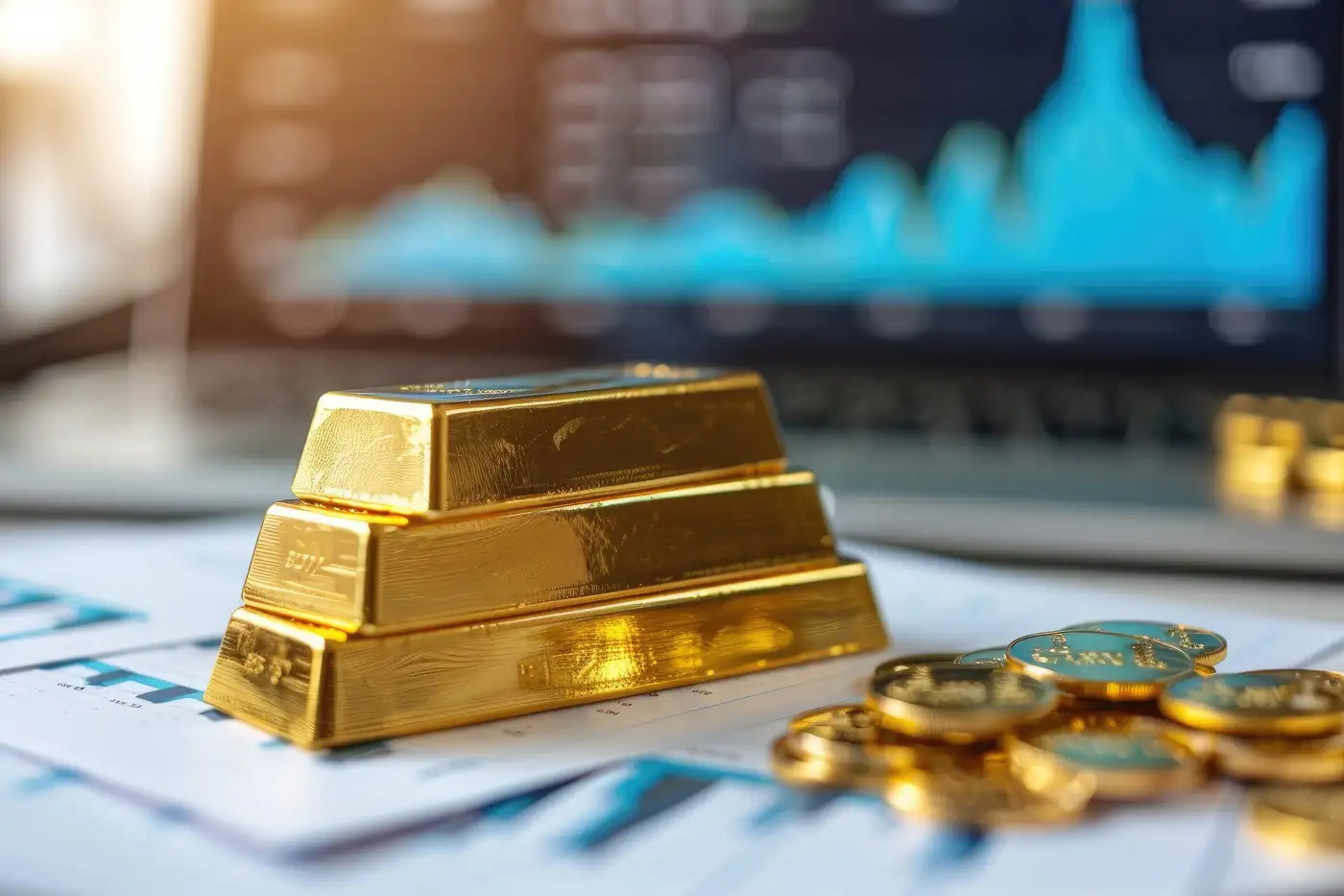 lingotes de oro brillantes y pantalla con gráfico de precios de oro