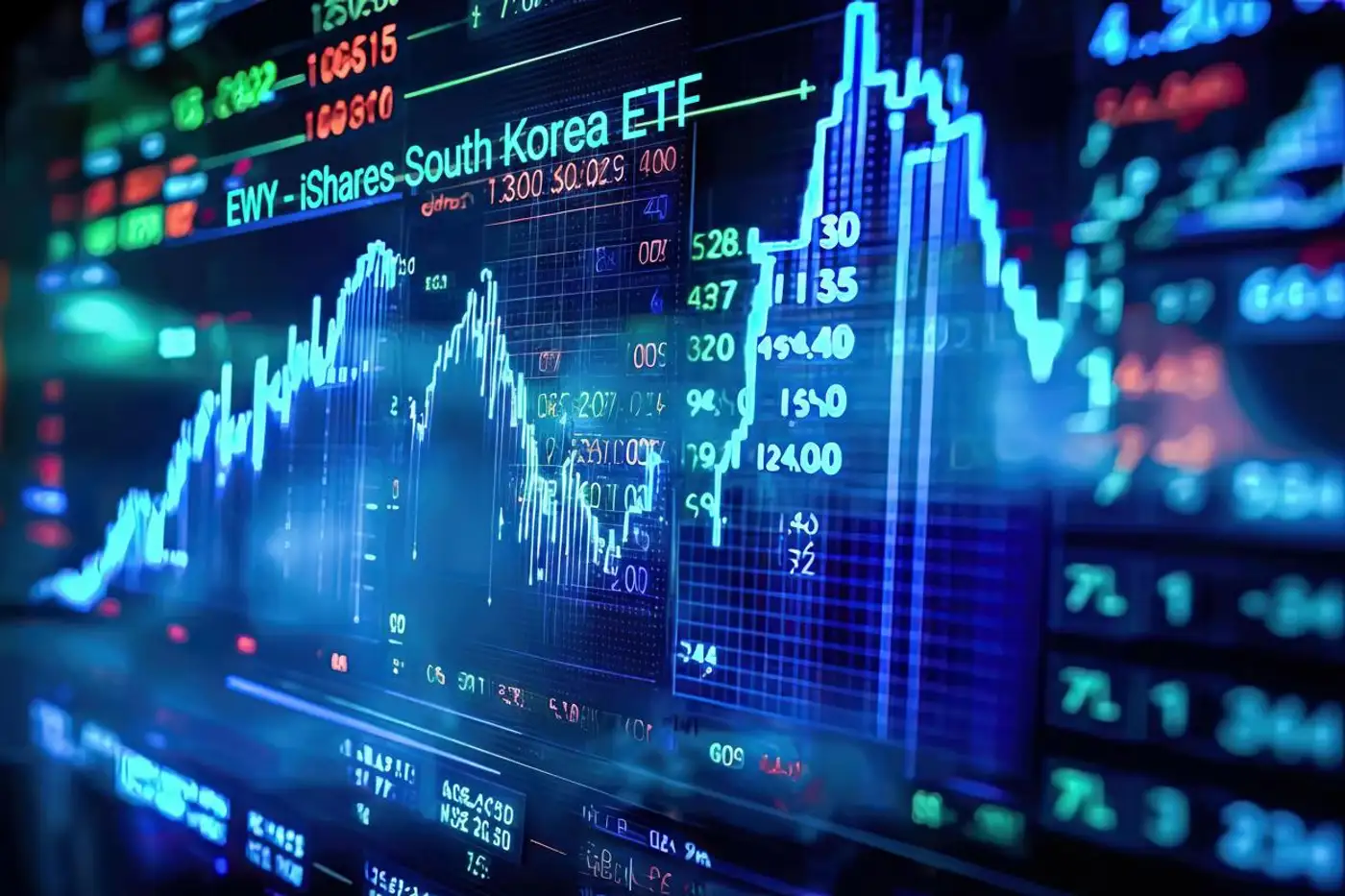 Gráfico de rendimiento del ETF EWY frente al S&P 500 en 2026, con fondo oscuro y acentos verdes