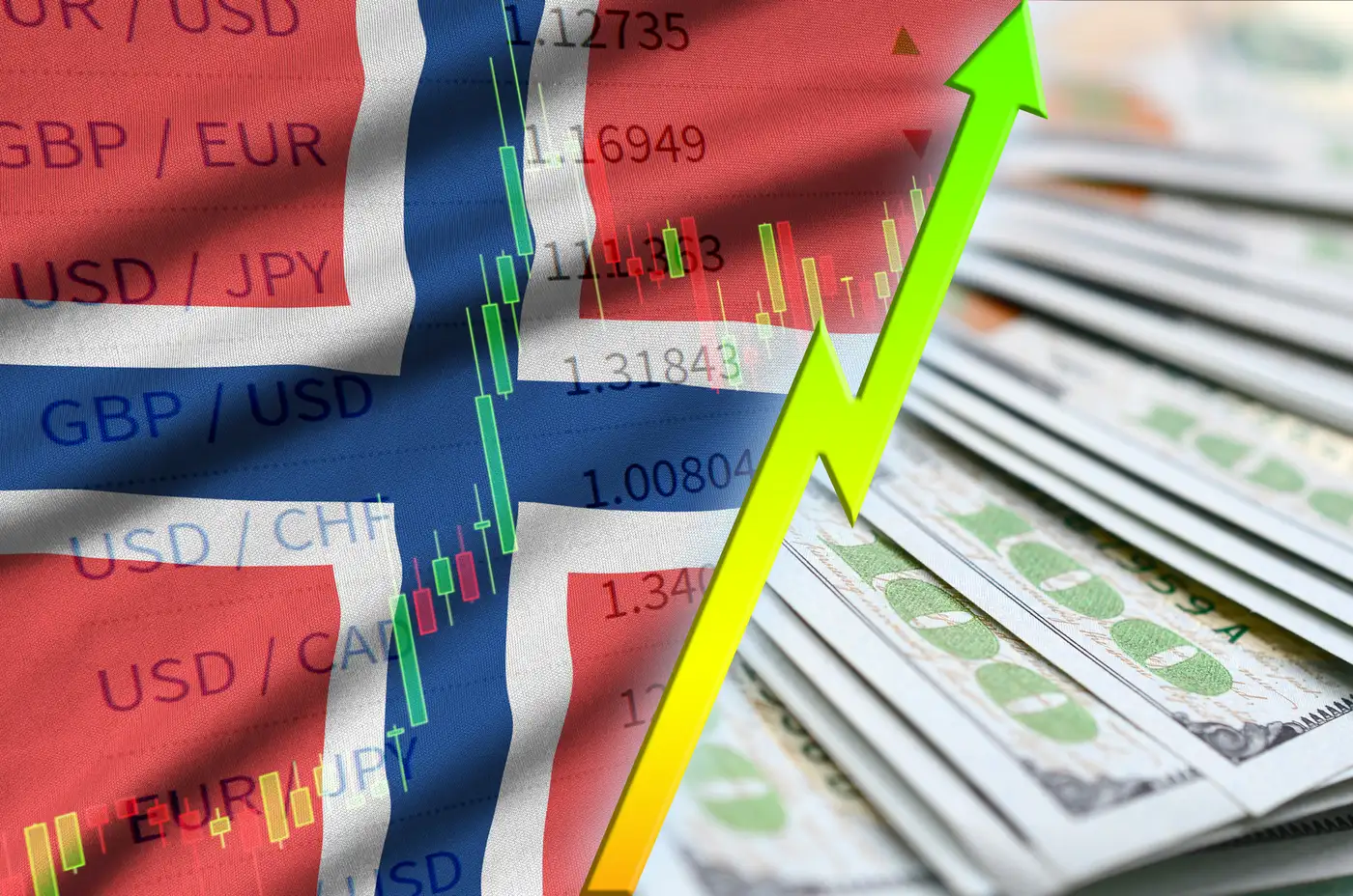 bandera de noruega y un gráfico de precio de accioness sobre billetes de 100 dólares
