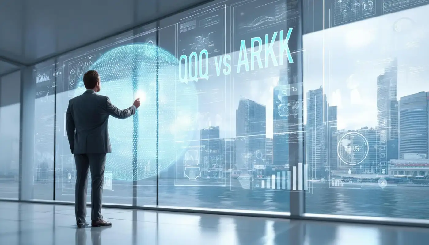 hombre de negocios compara QQQ vs ARKK en dashboard digital