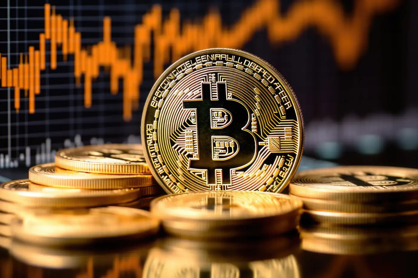 Imagen de bitcoin sobre un gráfico financiero y advertencia de riesgo