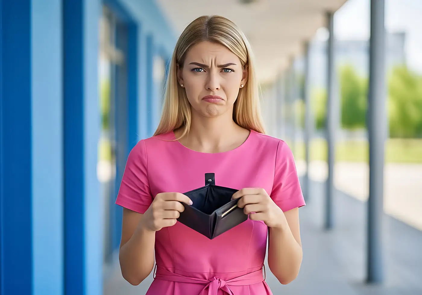 Mujer preocupada mostrando su billetera vacía, representando la tensión financiera causada por la inflación